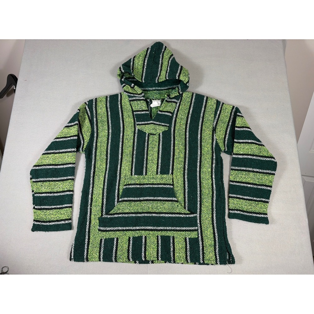 La Montana Baja‎ Hoodie Mens Large Green Black Striped Mexican Drug Rug Pullover